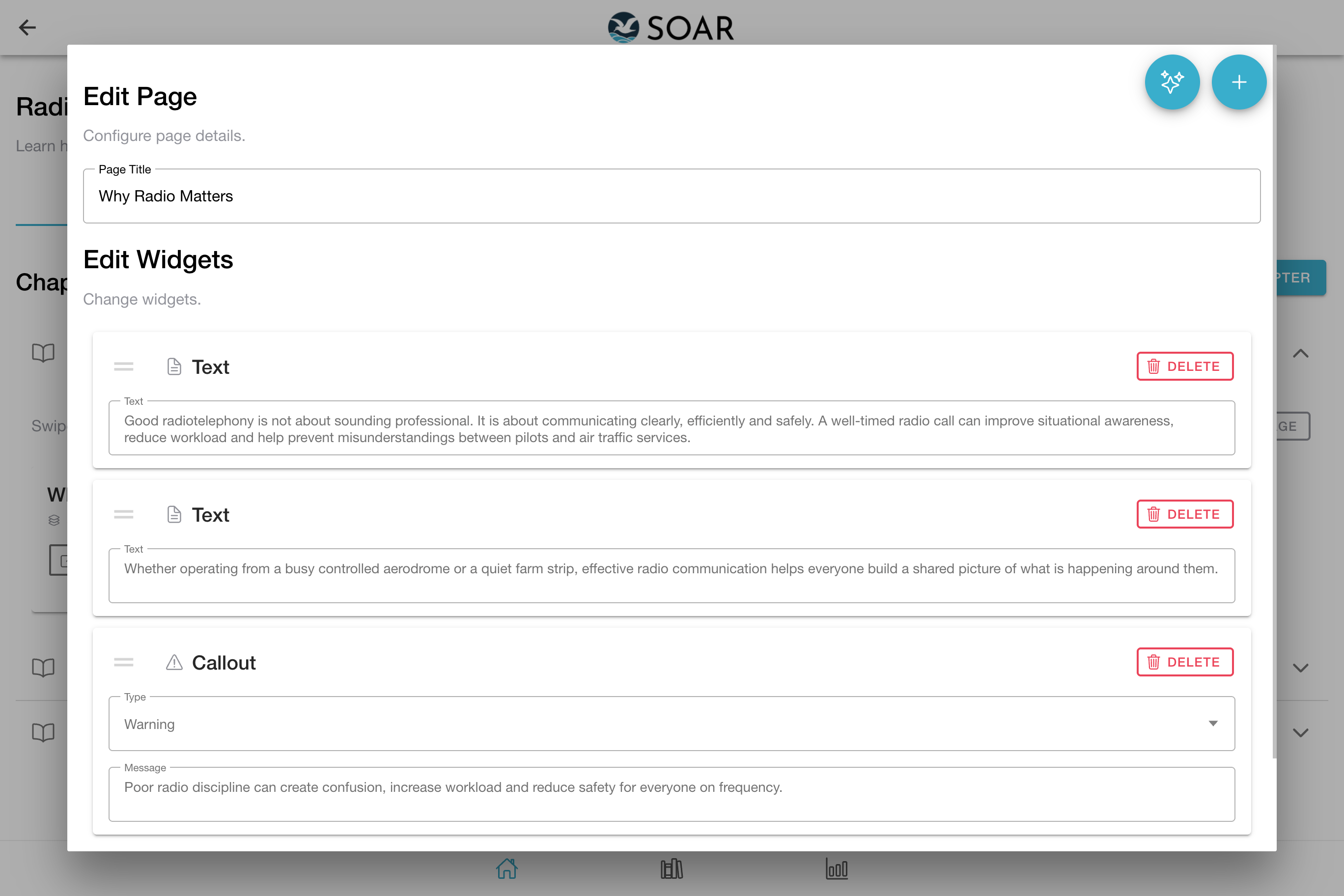 Page editor showing text, image and callout widgets
